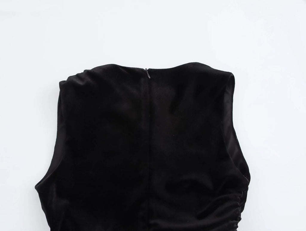 Spring Women Elegant Velvet Texture Pleated Midi Dress