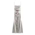 Women Clothing Metal Foil Pleated Slim Strap Dress