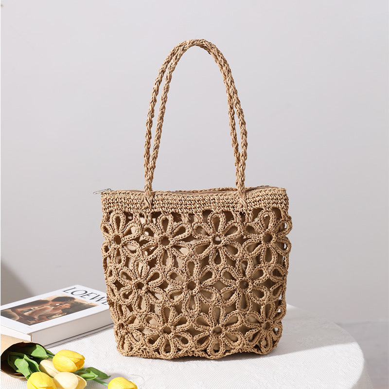 Straw Bag Hollow Out Cutout Floral Straw Bag Woven Bag Women Bag Shoulder Portable Seaside Vacation Beach Bag Rattan Weave Bag