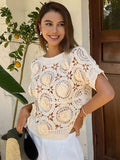 Women Crochet Hollowed Out Crochet Flower Knitwear Beach Short Sleeve Top