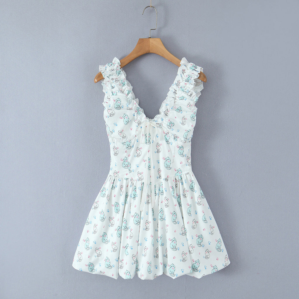 Spring Summer Women Clothing Sexy Fresh Printed V neck Tulle Dress
