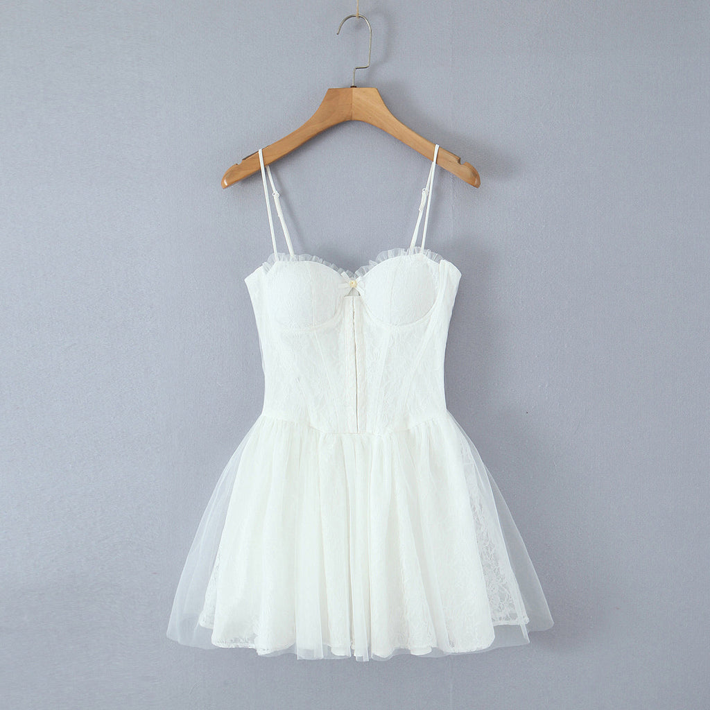 Spring Summer Vacation Sexy Little Fresh Sweet Spicy Waist Shaping Lace Embroidery Dress