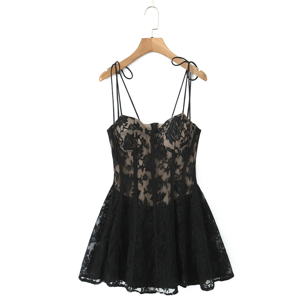 Spring Summer Women Clothing Sexy Sexy Lace Patchwork Waist Slimming Sling Dress