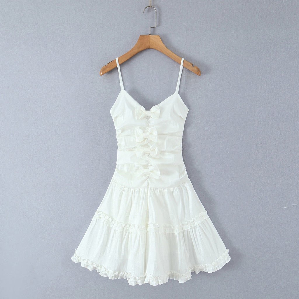 Sweet White Bow Layered Slim Mini Dress Women Summer Sexy Suspenders Puff Short Dress