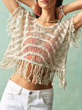 Woomen Crochet Hollowed Out Knitted Tassel Vest Smock Sun Protective Top