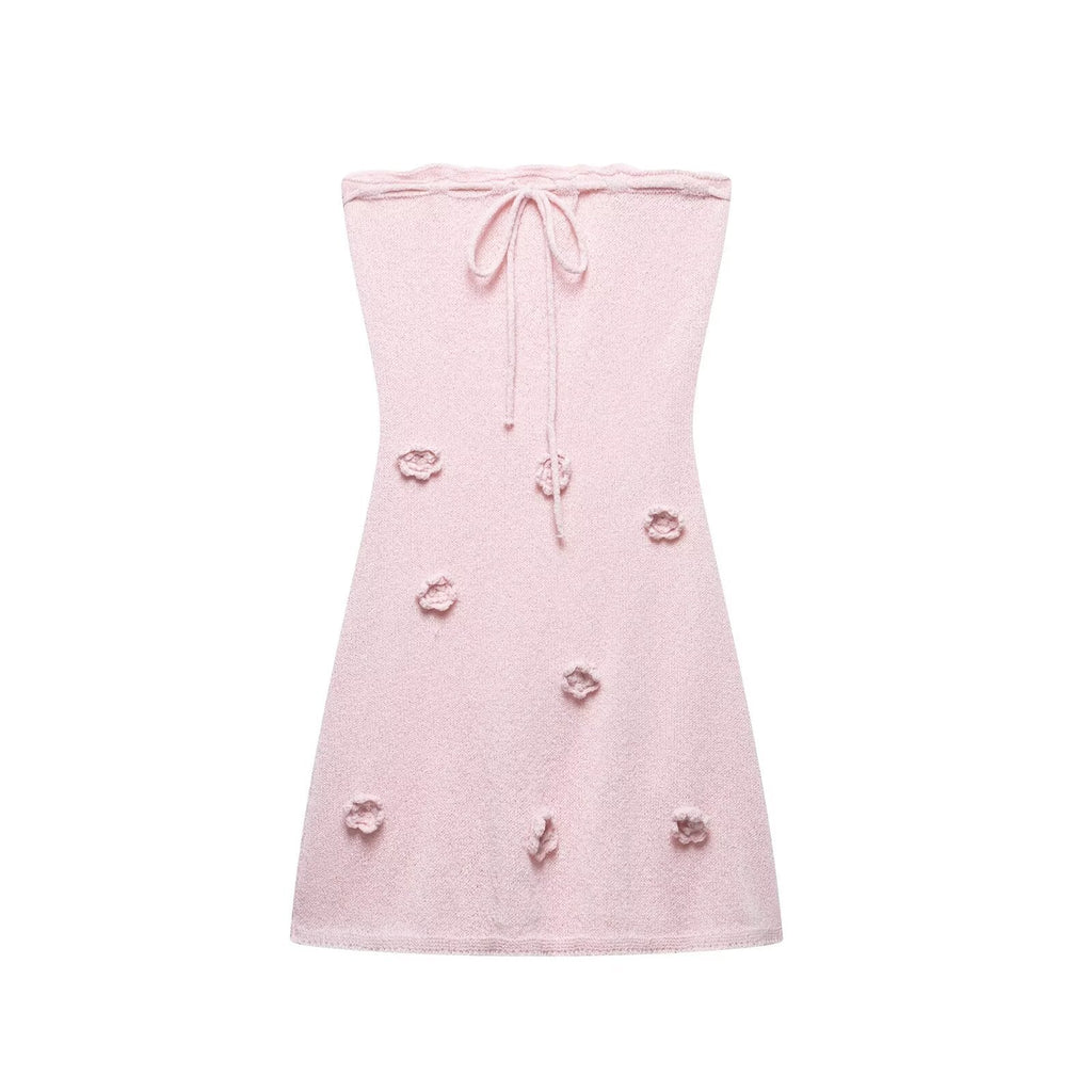 Women Clothing Spring Three Dimensional Floral Chest Lace up Knitted Tube Top Dress