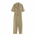Spring Women Short Sleeve Solid Color Linen One Piece Trousers