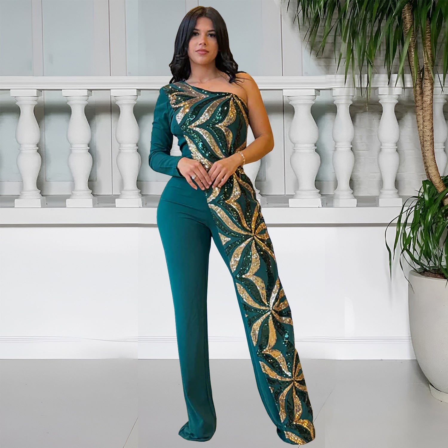 Women Wear Elegant Bodycon One Shoulder Bead Bag Arm Jumpsuit