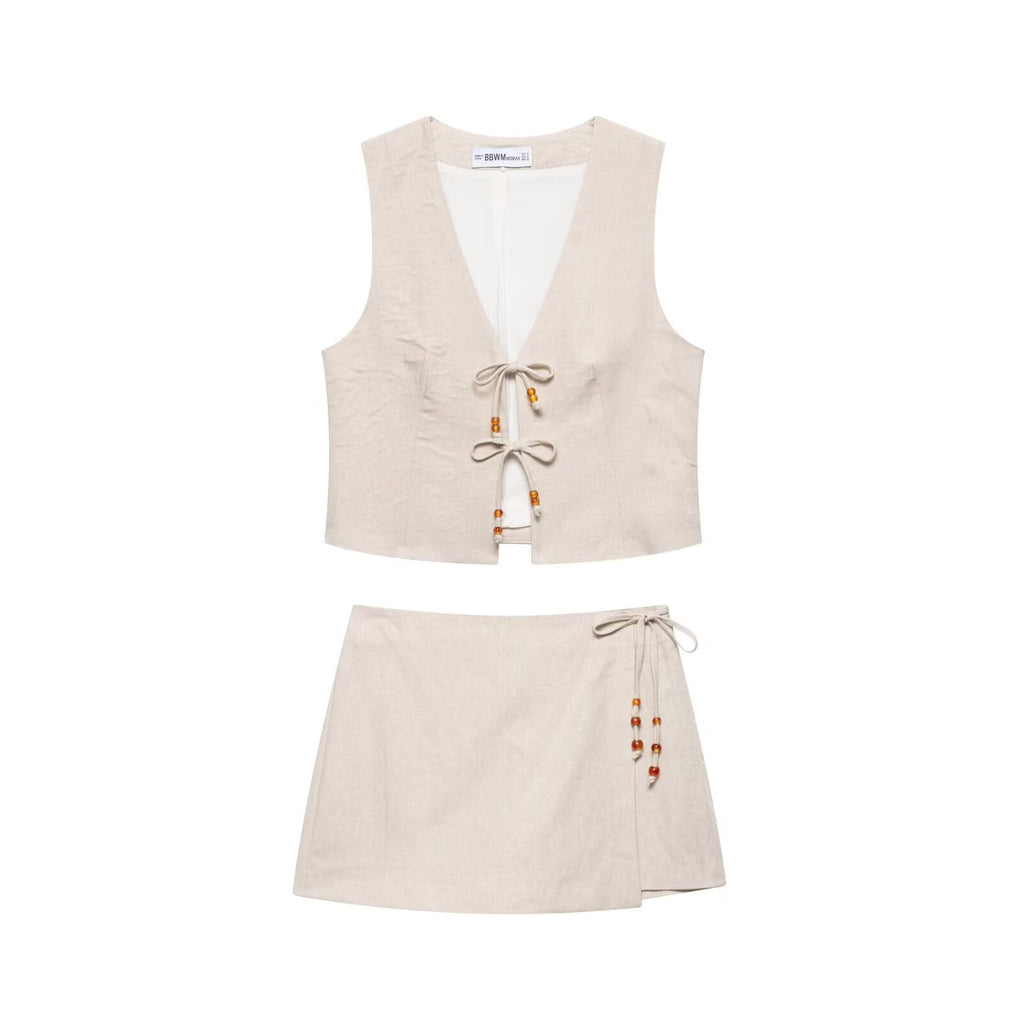 Summer Women Casual Sleeveless Beaded Vest Shorts
