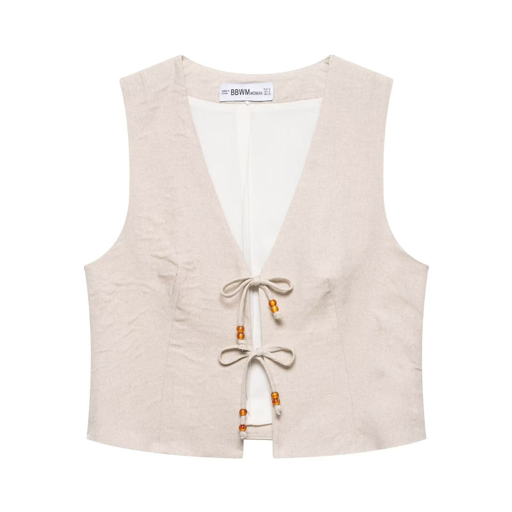 Summer Women Casual Sleeveless Beaded Vest Shorts
