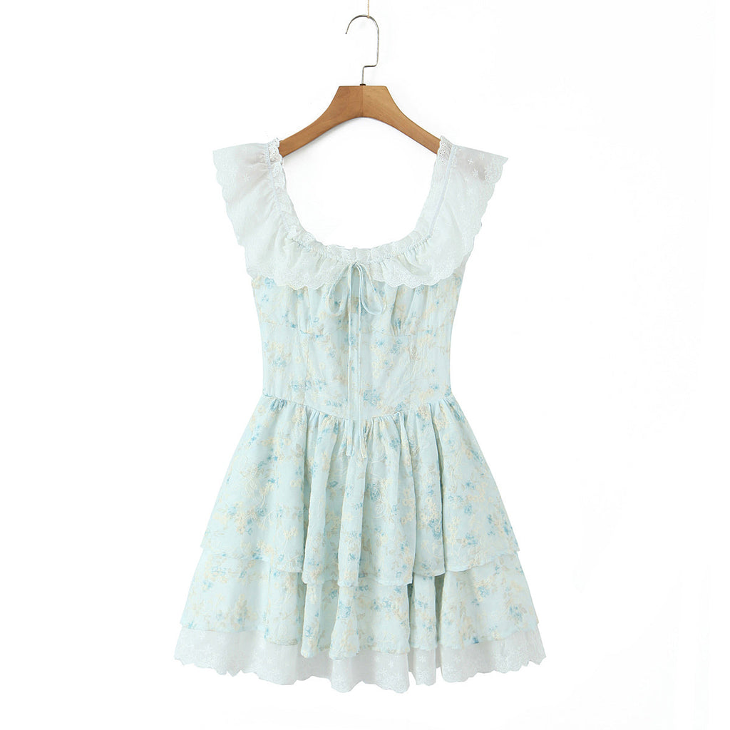 Slim Fit Big U Neck Lace Crochet Embroidery Printed Waist-Controlled Sleeveless Doll Dress