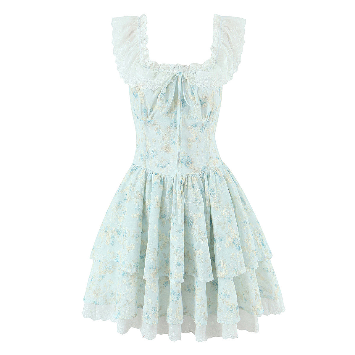 Slim Fit Big U Neck Lace Crochet Embroidery Printed Waist-Controlled Sleeveless Doll Dress