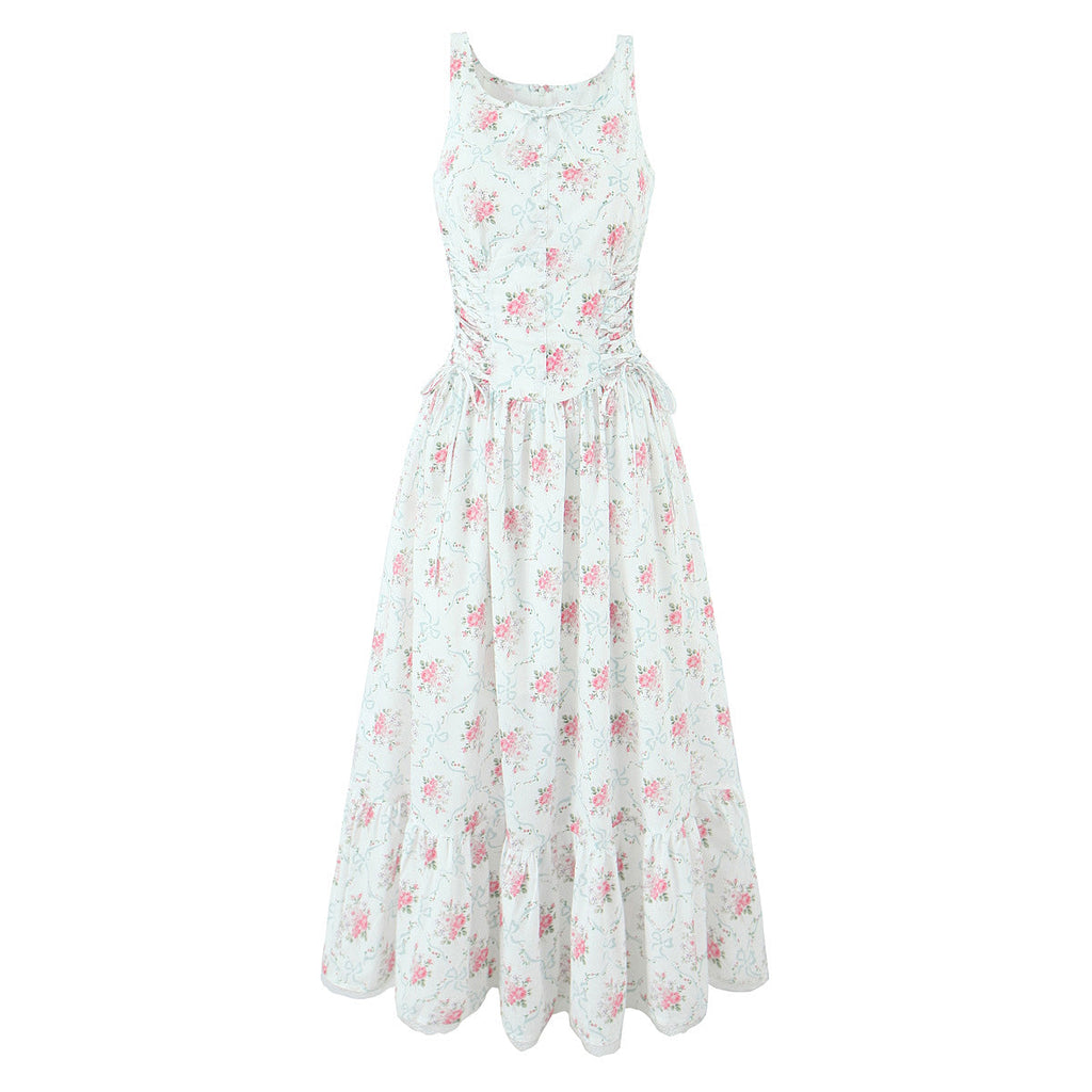 Summer Cream Rose Printed Lace up Mid Length Sling Dress