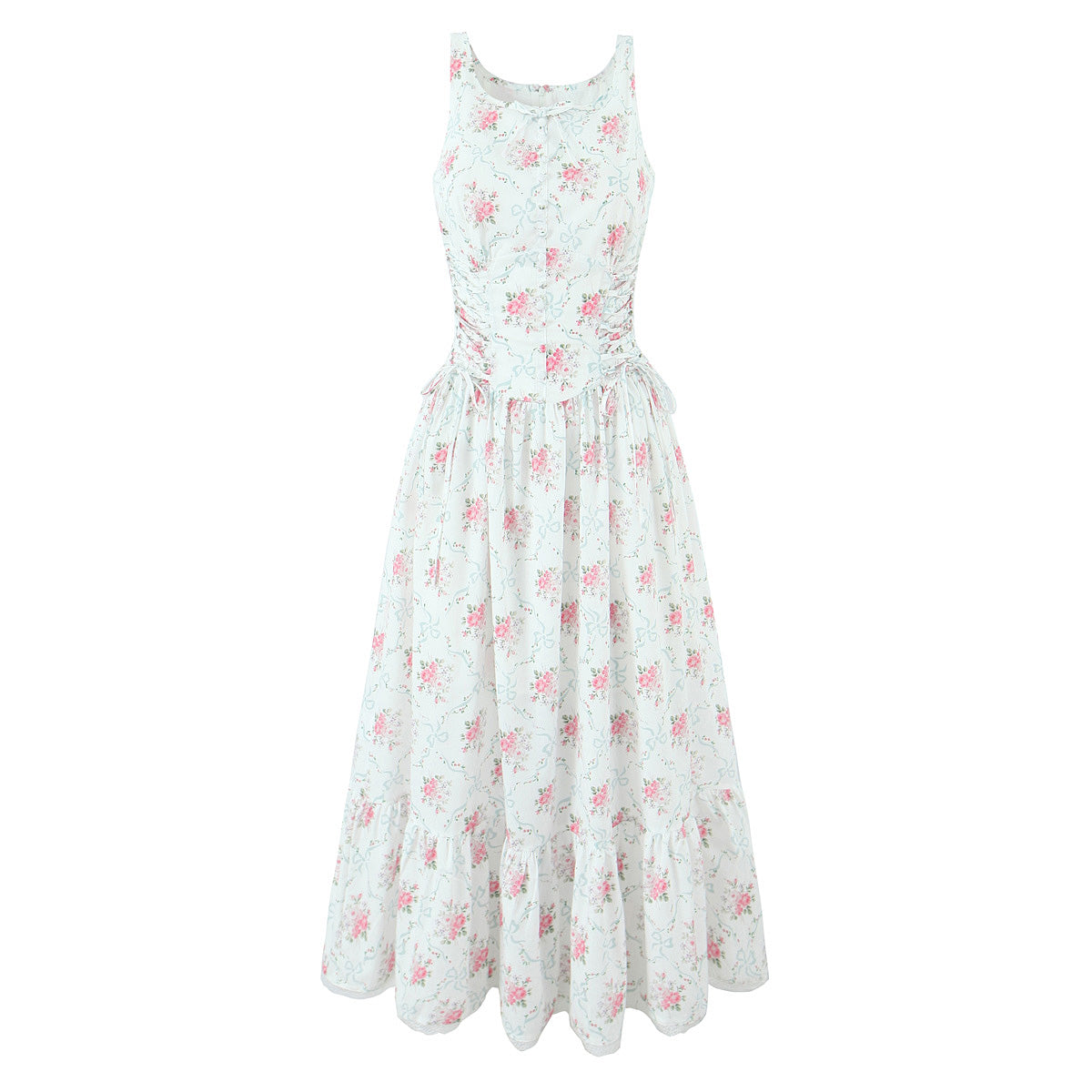 Summer Cream Rose Printed Lace up Mid Length Sling Dress