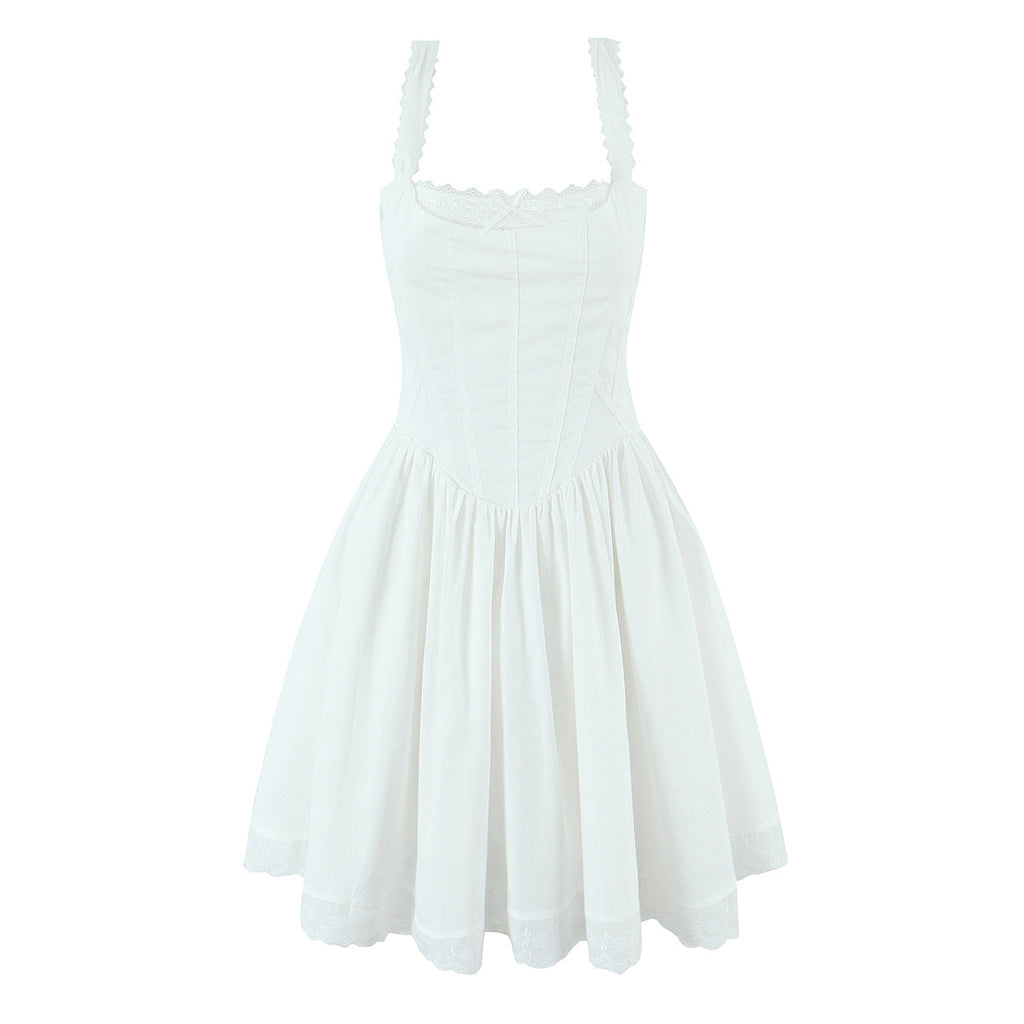 Sweet Lace Chic Bow Short Dress Square Collar Sexy Slim Mini Dress