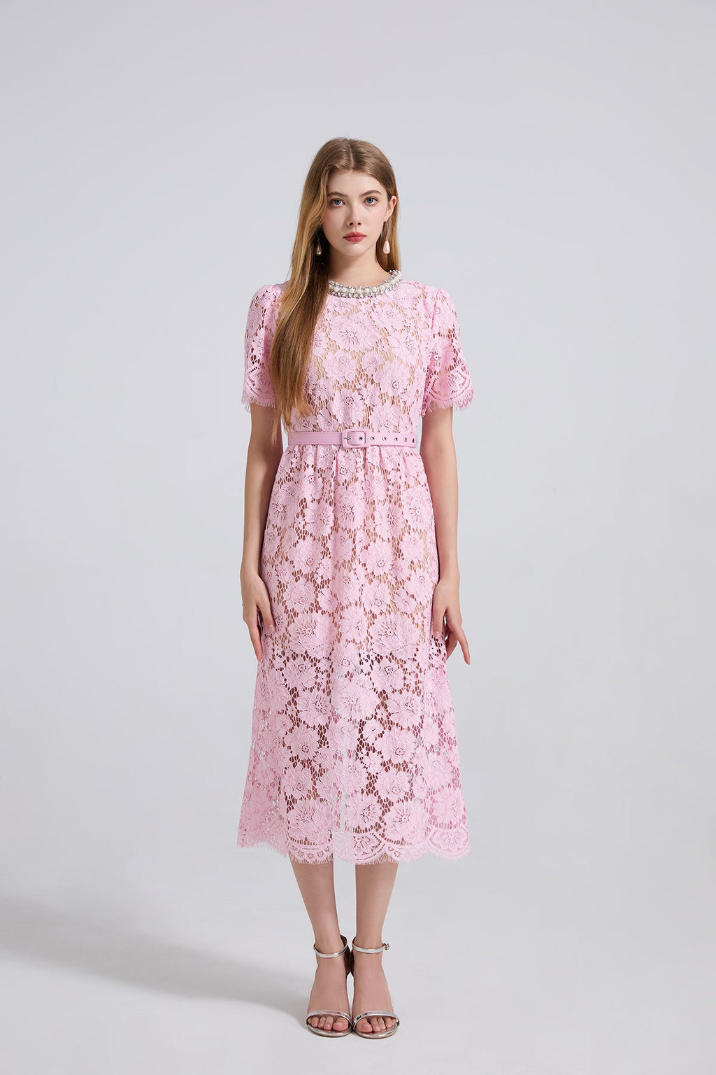 Women Spring Summer Lace Round Neck Dress