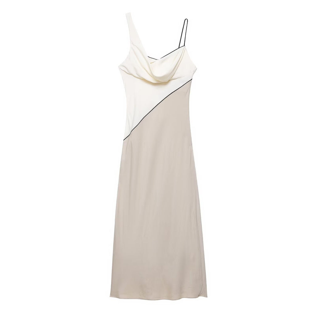 Women Clothing Summer Elegant Sexy V neck Mid Length Strap Stitching Midi Dress