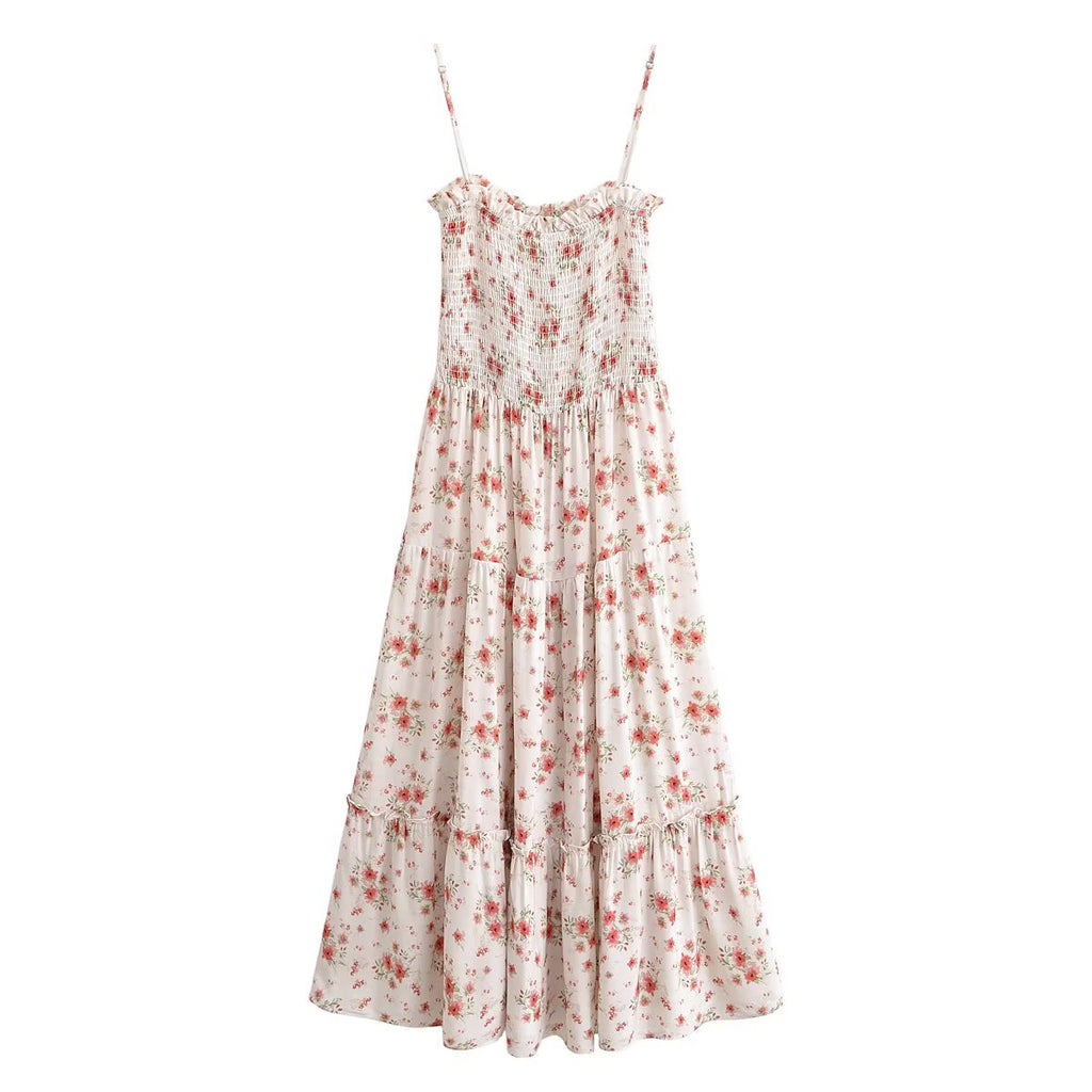 Rayon Printed Elastic Chest Wrapped Beach Casual Sling Dress Summer Waist Controlled Midi Dress
