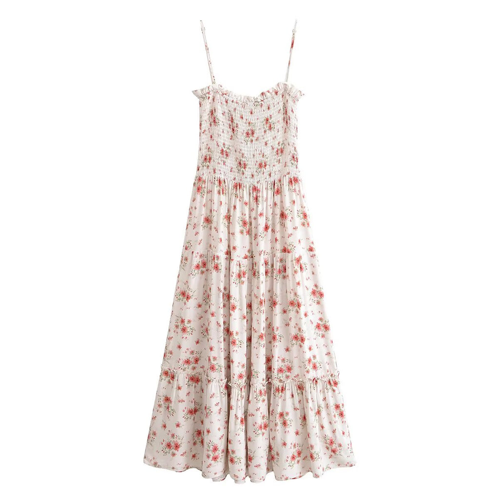 Rayon Printed Elastic Chest Wrapped Beach Casual Sling Dress Summer Waist Controlled Midi Dress