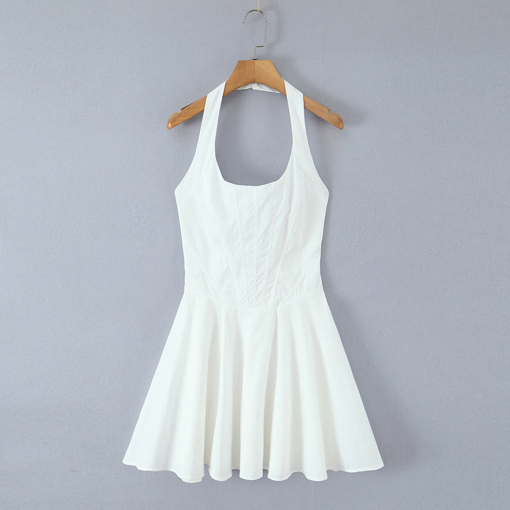 Summer Solid Color Elegant Green Sexy Waist Trimming Simple Halter Back Tied Dress