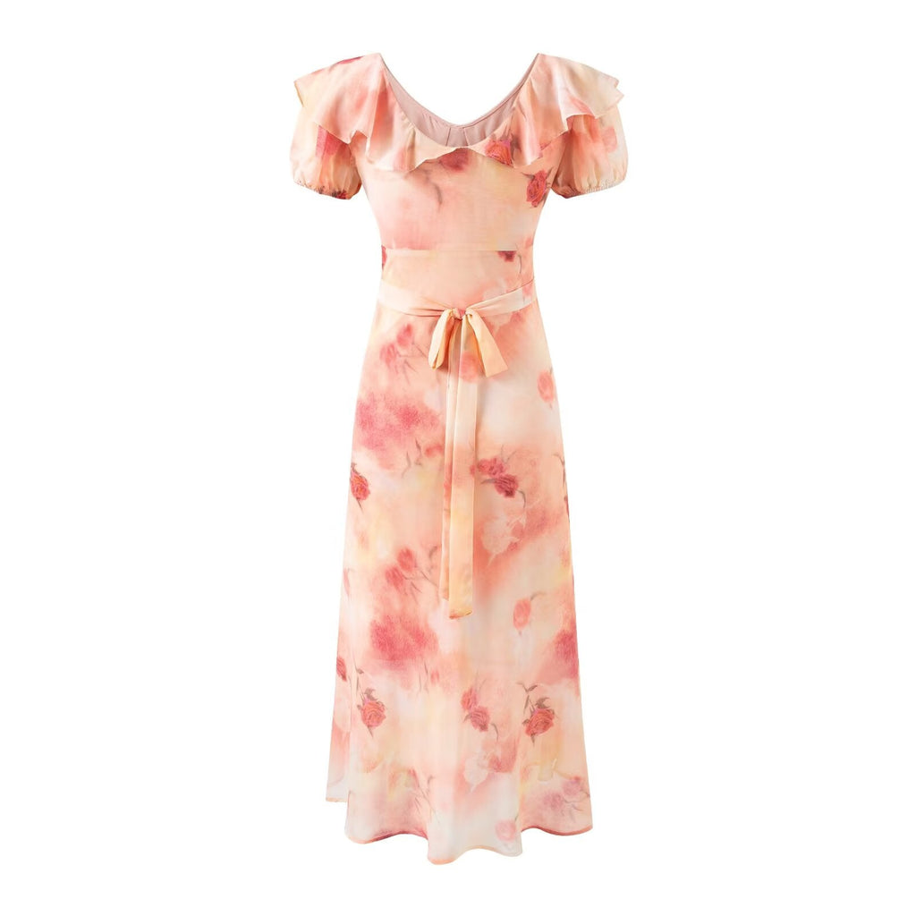Romantic Vacation Gentle Rose Print Short Sleeved Dress Women Design Bow Ruffled V neck Dress