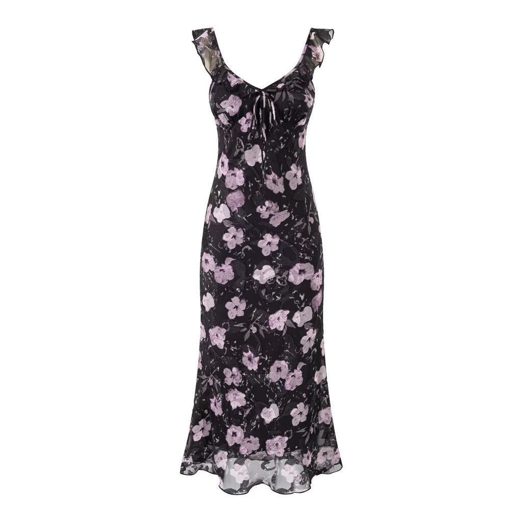 Vacation Ruffled V neck Lace up Printed Fishtail Suspender Skirt Waisted Slim Fit Package Hip Maxi Dress