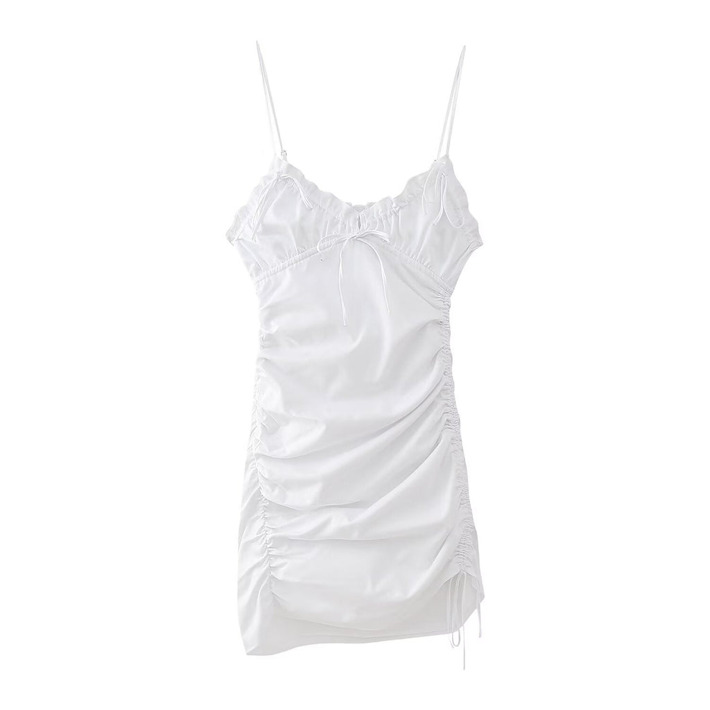 Summer Women Clothing Slim Fit Bow Decorative Pleated Short Dress