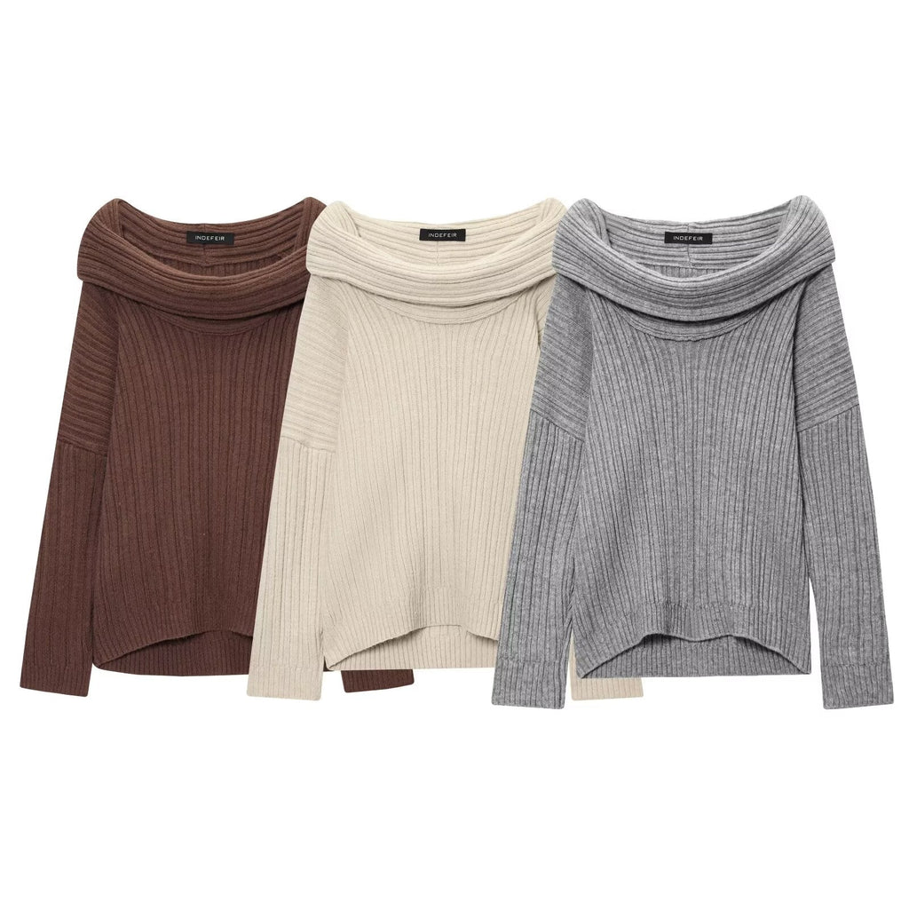 Trendy Casual All Matching Lazy off Shoulder Shoulder Knitwear Sweater Women