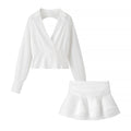 Vintage Collared Edge Deep V Plunge neck Long Sleeve Waist Short Shirt Bare Back plus High Waist Pleated Little Short Dress