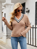 Autumn Winter Women Clothing Fashionable Loose All Match V neck Sweater Plaid Striped Sweater