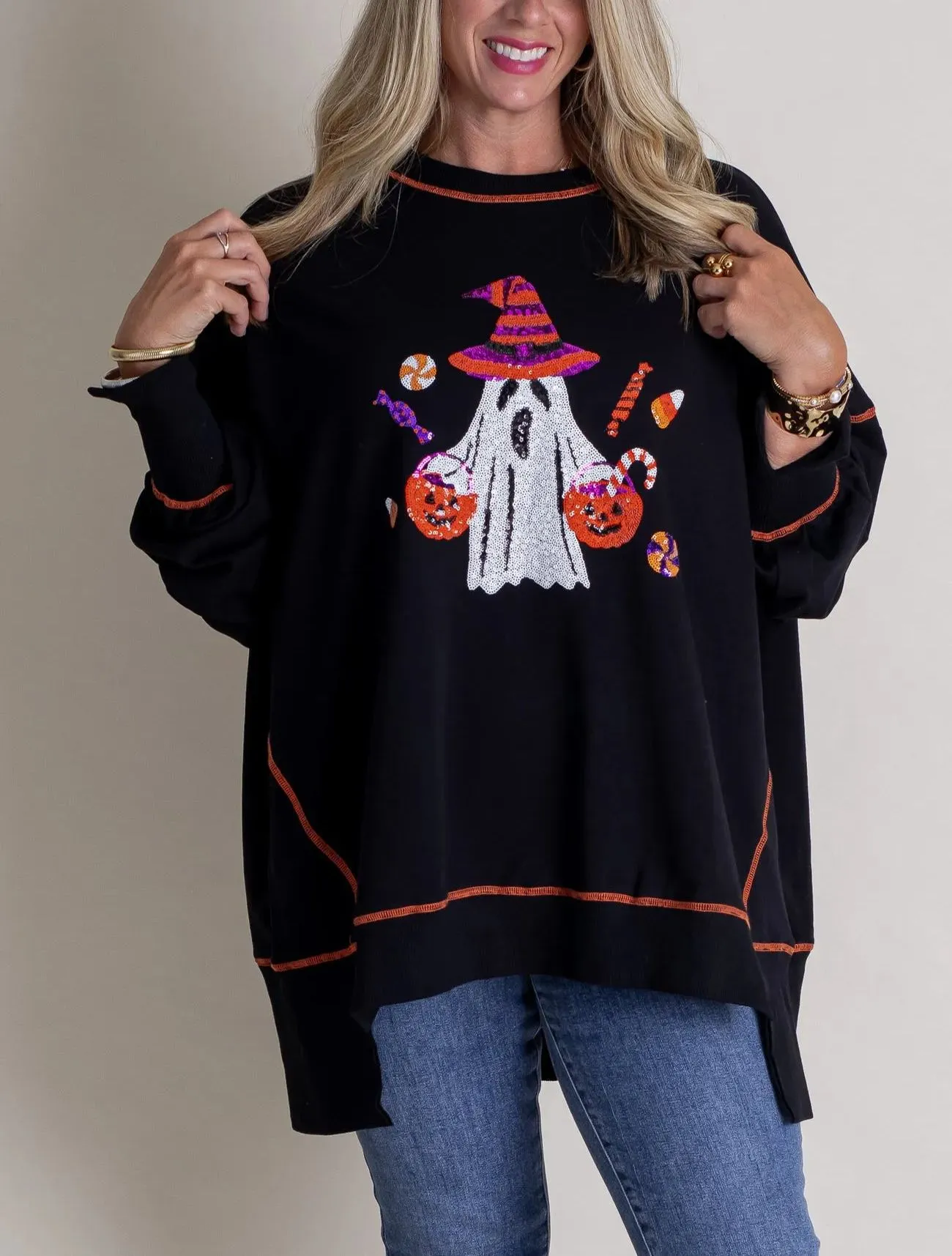 Autumn Winter Women Halloween Ghost Sequined Sweater Embroidered Casual Top for Women
