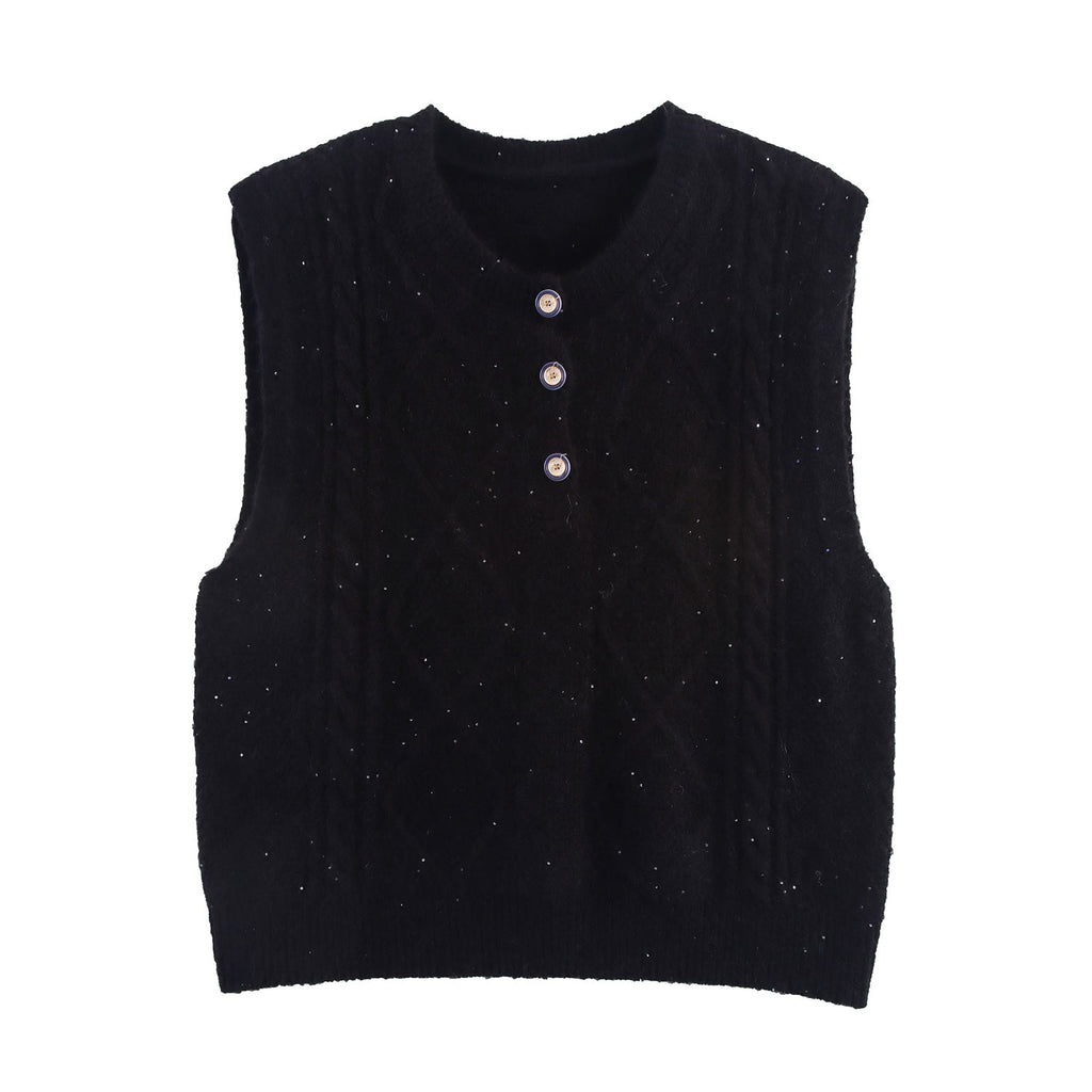 Women Clothing Autumn Sequined Diamond round Neck Half Cardigan Knitted Vest