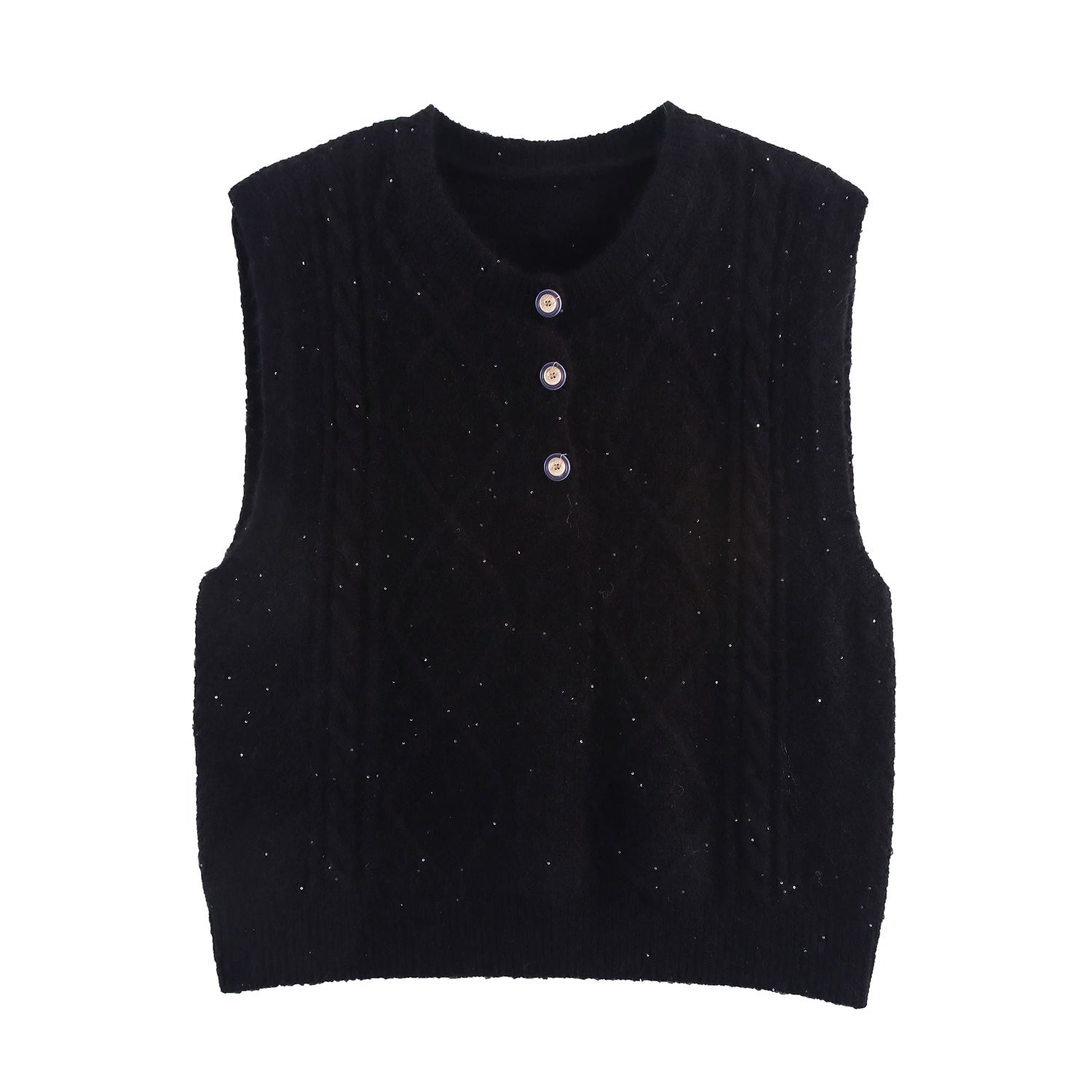 Women Clothing Autumn Sequined Diamond round Neck Half Cardigan Knitted Vest
