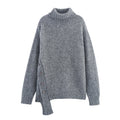 Women Clothing Autumn Irregular Asymmetric Hem Turtleneck Pullover Loose Thick Sweater