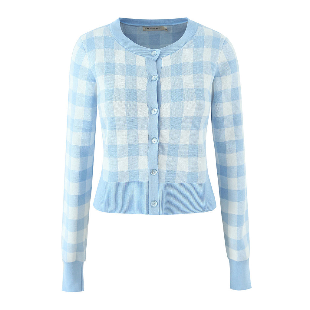 French Girlish Milk Fufu Fresh Plaid Short Knitted Cardigan Sweater Coat