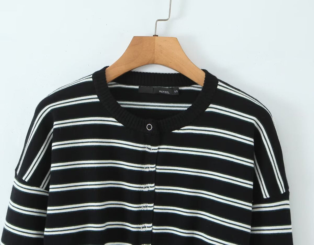 Fall Striped Sweater Top Sexy Slim Slimming Single Breasted Cardigan Coat for Women