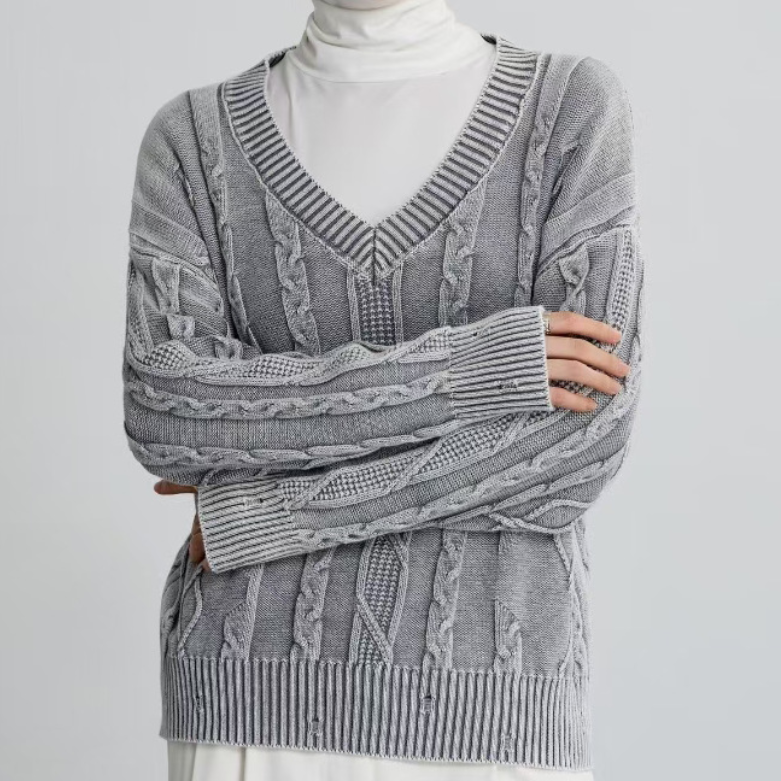 Autumn Winter V neck Twisted Sweater Casual Women Outerwear Top Sweater