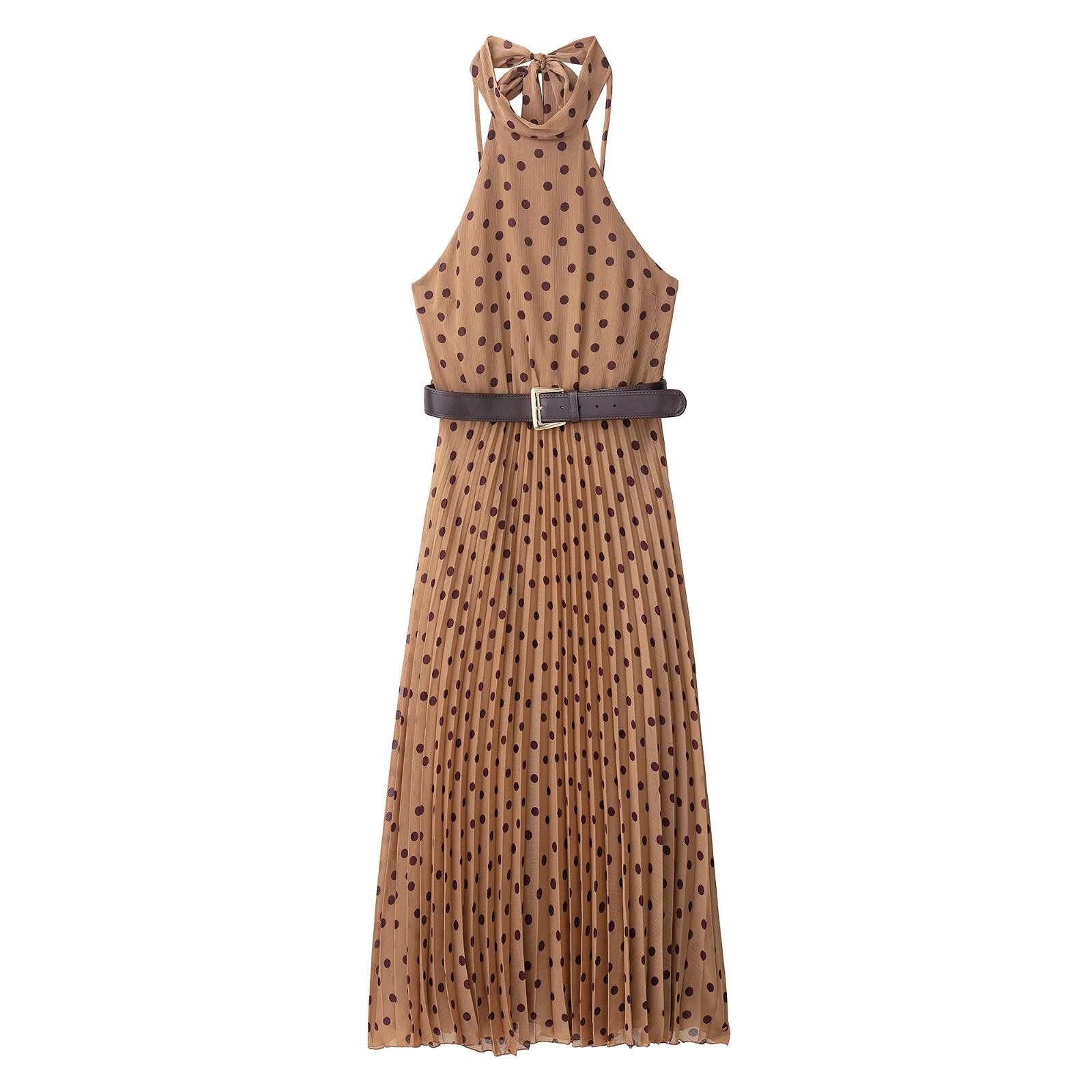 Dress Polka Dot Belt Midi Skirt Elegant Women Clothing
