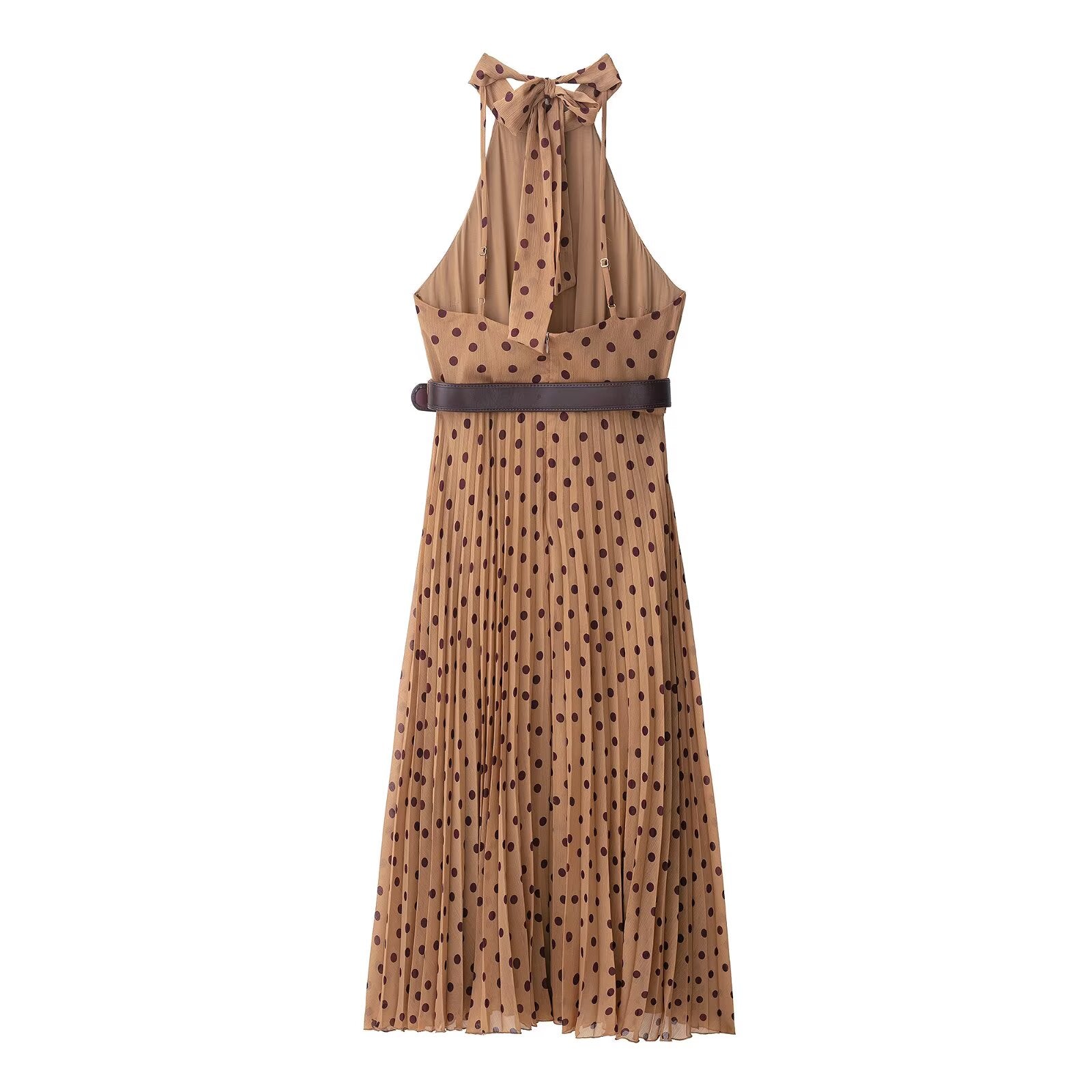Dress Polka Dot Belt Midi Skirt Elegant Women Clothing