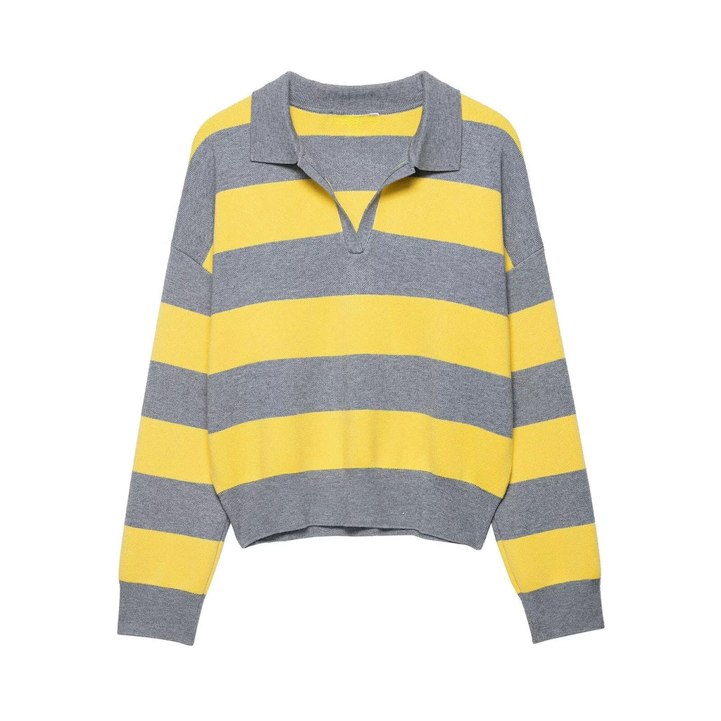 Fall Women Clothing Striped Polo Shirt Collar Sweater