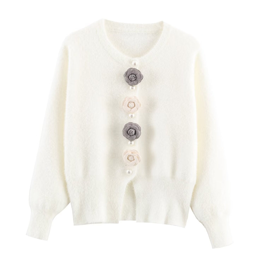 Women Clothing French Classic Chic Beaded Wool Three Dimensional Floral Knitted Imitation Mink Cardigan Coat