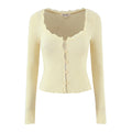 Women Clothing Spring Autumn Waist Light Yellow Lace Collar Knitted Cardigan