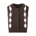 Women Clothing Autumn Diamond Plaid Retro Sleeveless Knitted Cardigan Vest