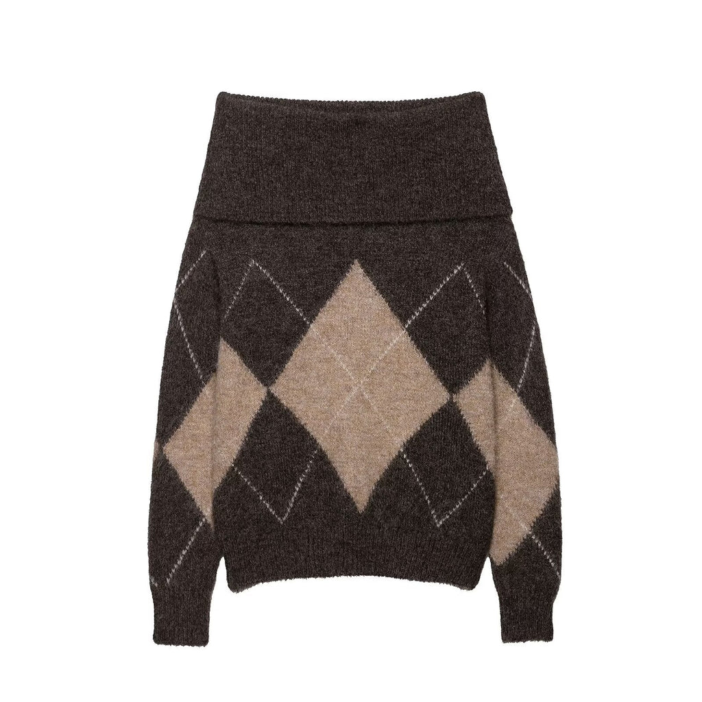 Early Autumn Women Clothing Commuting Casual All Matching Pullover Diamond Pattern Shoulder Baring Sweater Sweater