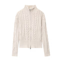 Women Idle Zipped Stand Collar Long Sleeve Twist Knitted Cardigan