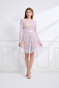 Women Lace Patchwork Pleated Waist Round Neck Long Sleeve Dress With A Shorter Front And Longer Back Design