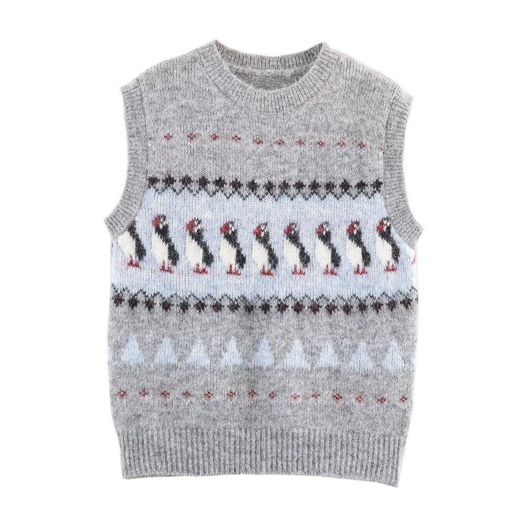 Women Clothing Autumn Korean Outerwear Bandage Floral Decorations round Neck Knitted Vest Top