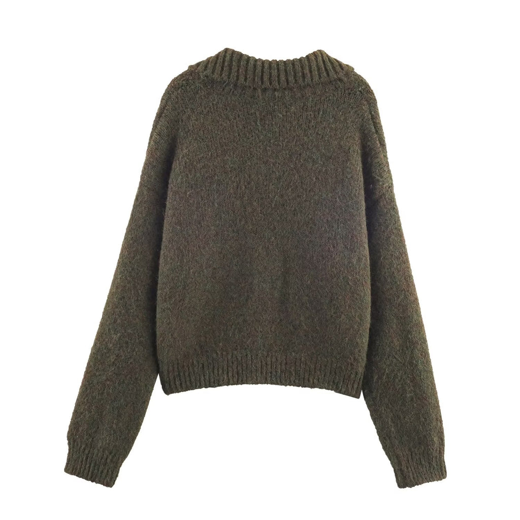 Idle Retro Lapels Jacquard Lace up Knitted Cardigan Autumn Loose Slimming Sweater Coat for Women