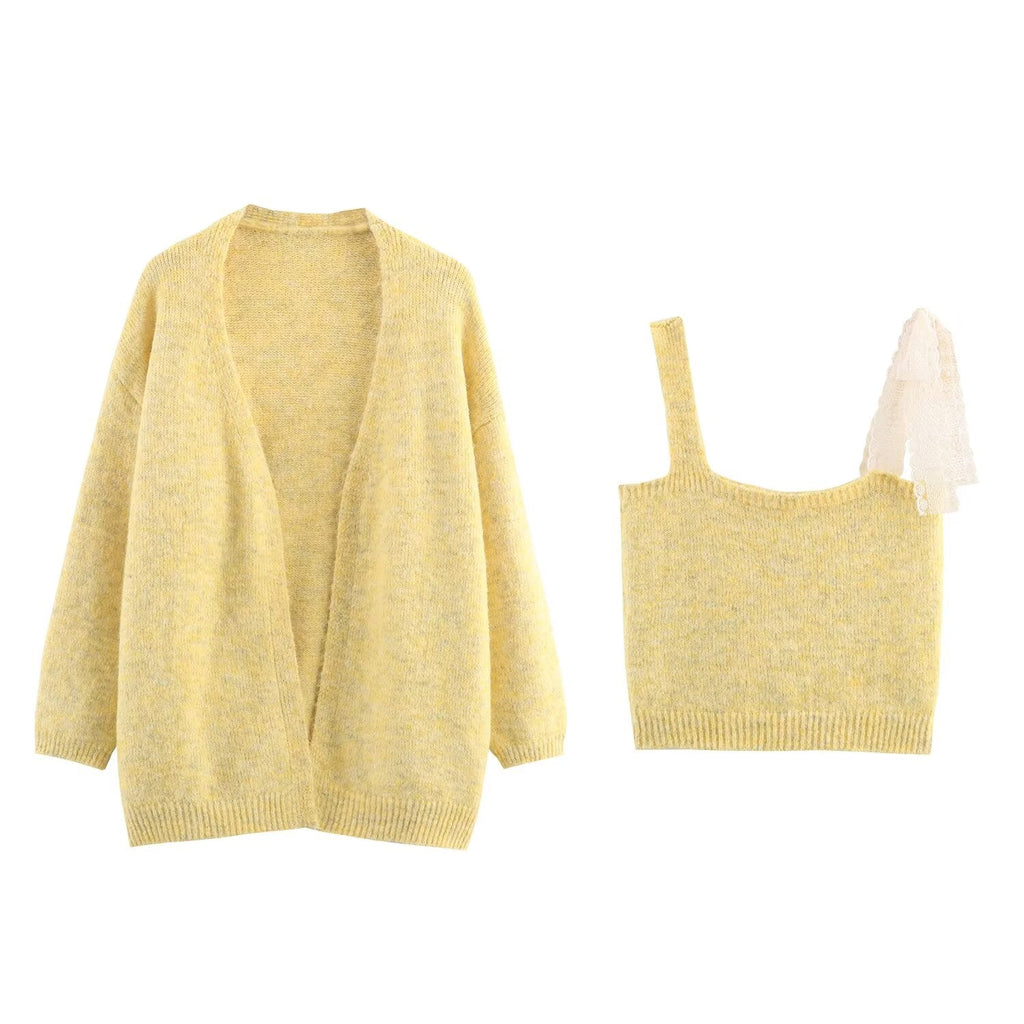 Women Lace Collared Blouse Shoulder Strap Two Piece Knitted Cardigan Set