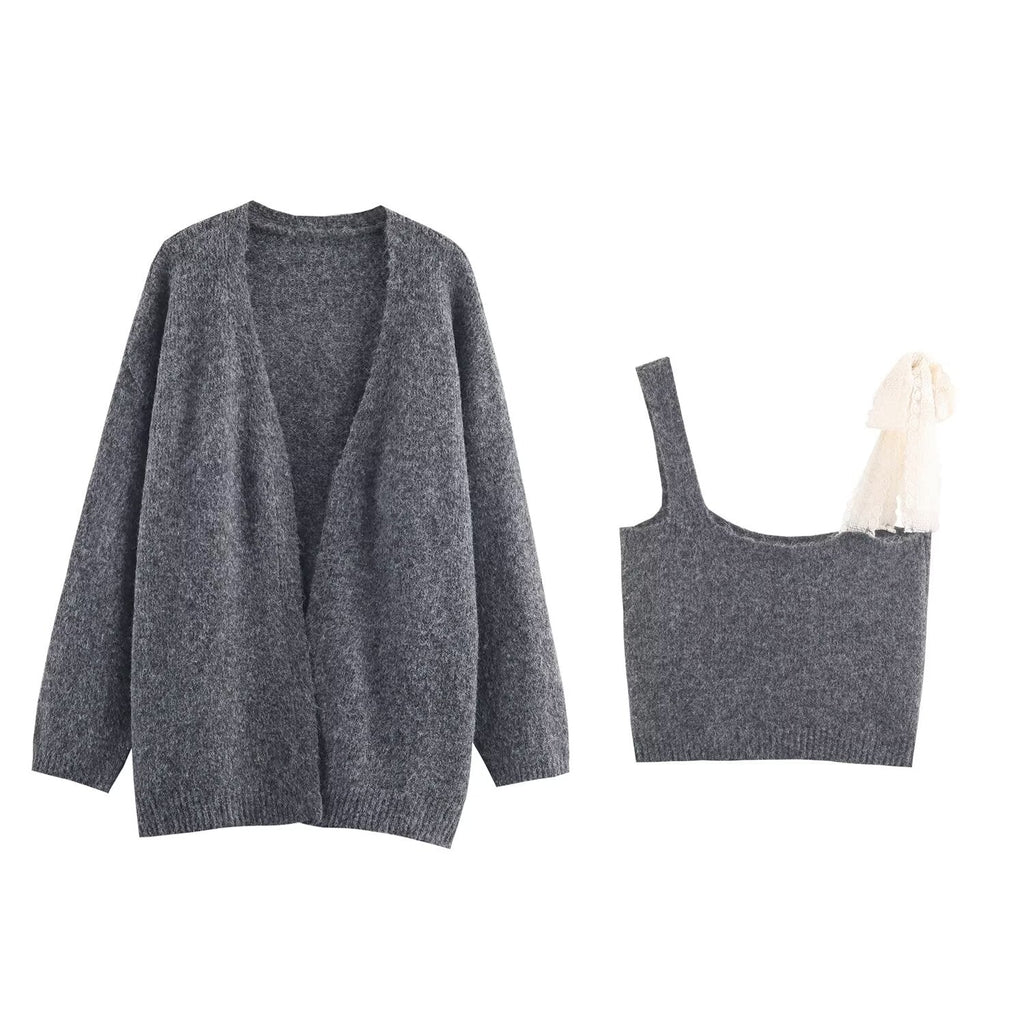 Women Lace Collared Blouse Shoulder Strap Two Piece Knitted Cardigan Set